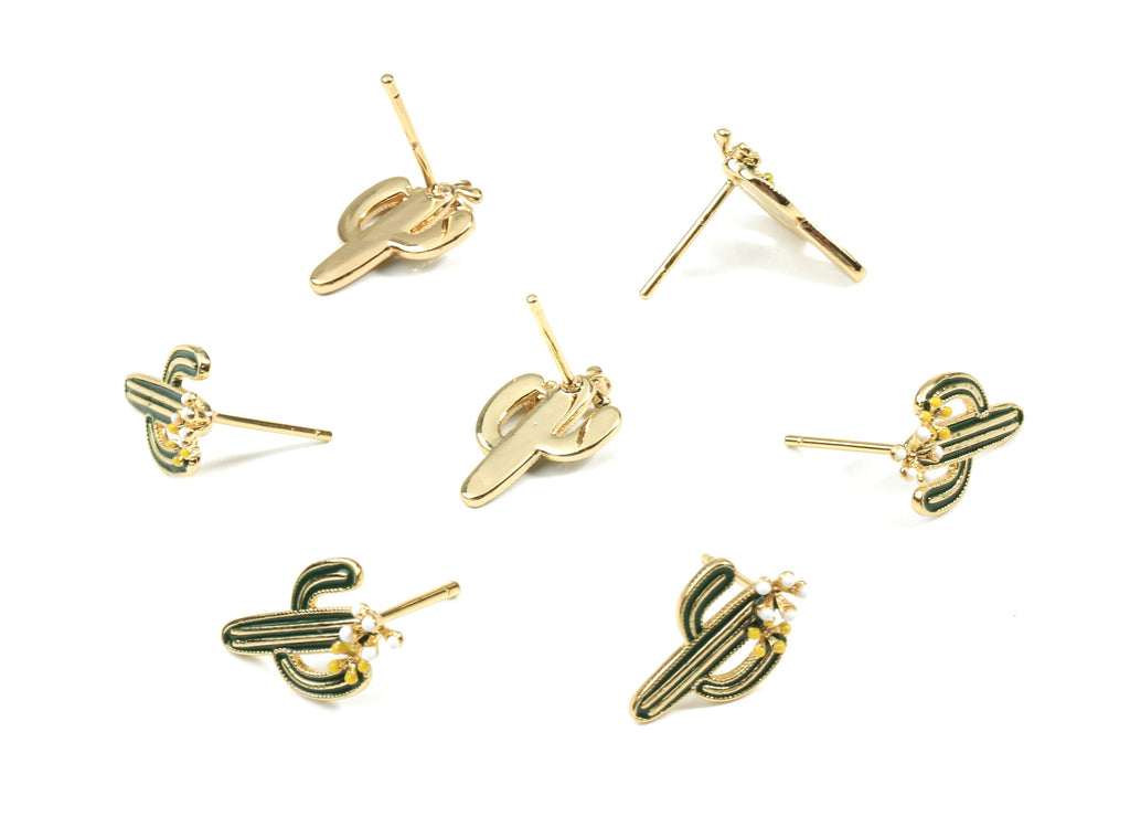 Brass Cactus Earring Post - Gold Cactus Stud Earring - Enamel Cactus Earring Stud - 18K Real Gold Plated Brass - 15.75x9.97x3.25mm - RGP2611 - DOMEDBAZAAR