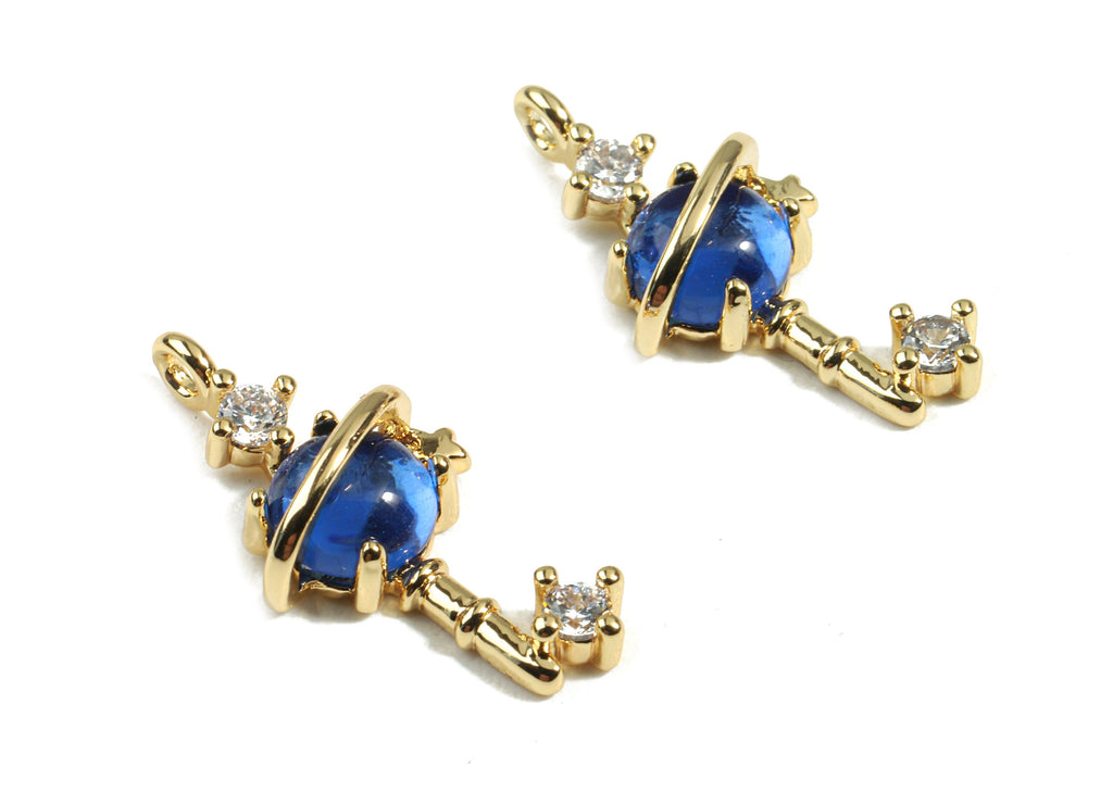 Brass Key Charms With Zircons - Brass Key Earring Pendant and Necklace - 18K Real Gold Plated Brass - 21.13x10.12x5.42mm - RGP2435 - DOMEDBAZAAR