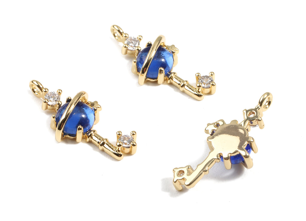 Brass Key Charms With Zircons - Brass Key Earring Pendant and Necklace - 18K Real Gold Plated Brass - 21.13x10.12x5.42mm - RGP2435 - DOMEDBAZAAR
