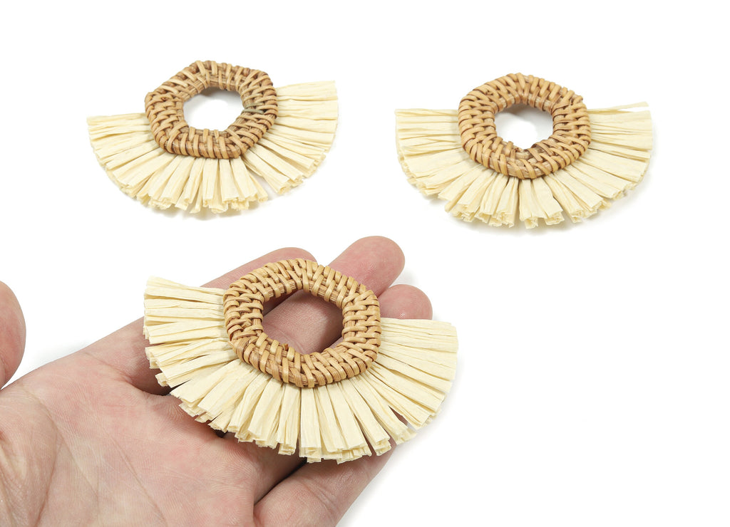 Handwoven Rattan With Raffia Tassels Earring Charms - Hexagon Rattan Tassels - Wooden Straw Earring - 79.98x65.96x8.5mm - RT1351 - DOMEDBAZAAR