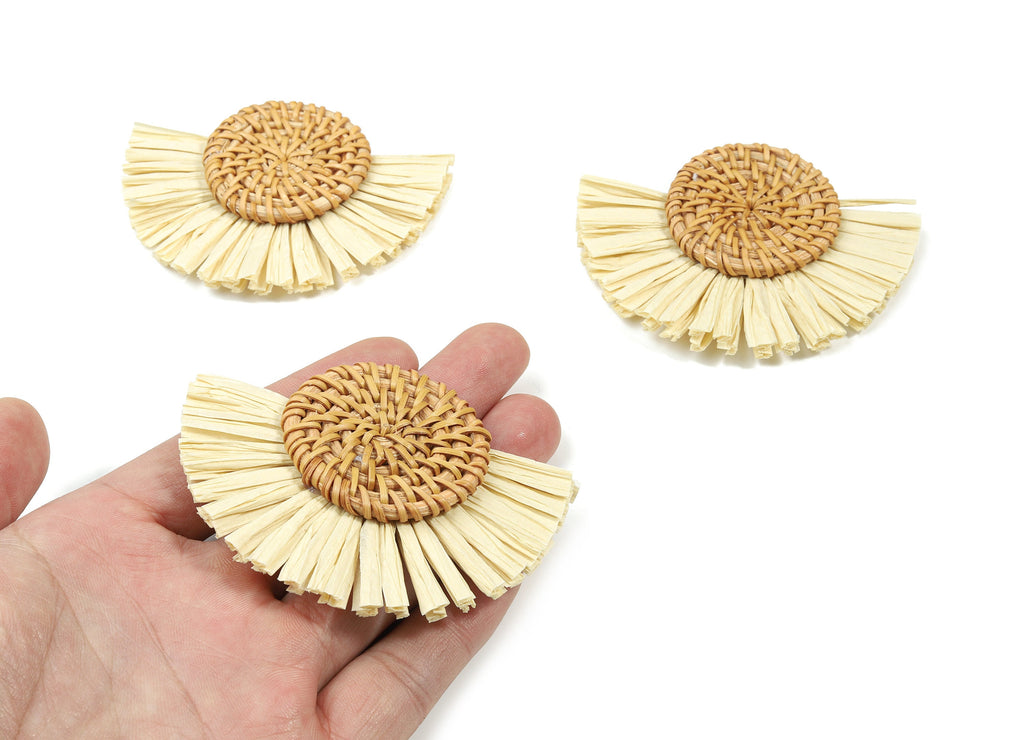 Handwoven Rattan With Raffia Tassels Earring Charms - Round Rattan Tassels - Wooden Straw Earring - 78.87x62.27x8.54mm - RT1352 - DOMEDBAZAAR