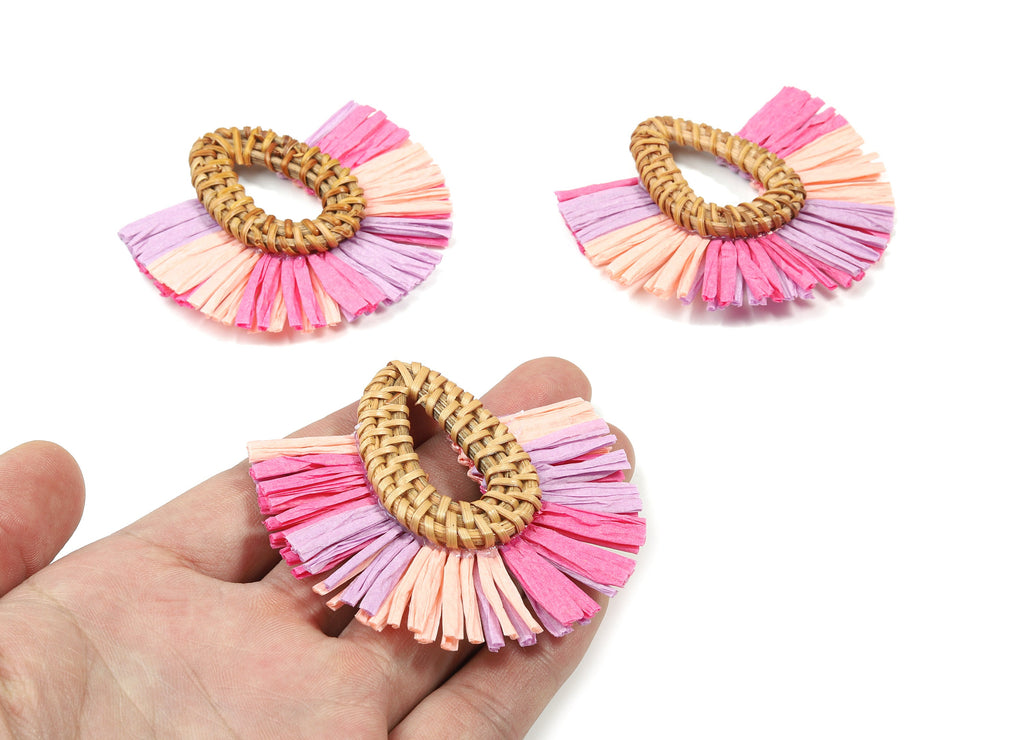 Handwoven Rattan With Raffia Tassels Earring Charms  - Drop Rattan Tassels - Wooden Straw Earring - 71.43x65.9x7.75mm - RT1353 - DOMEDBAZAAR