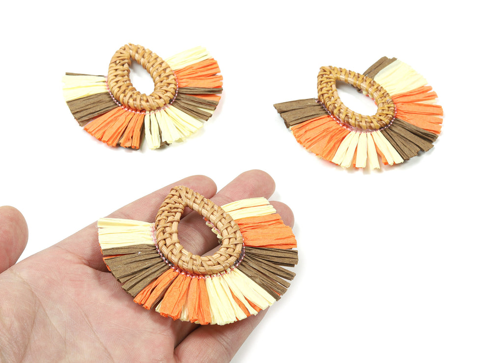 Handwoven Rattan With Raffia Tassels Earring Charms  - Drop Rattan Tassels - Wooden Straw Earring - 72.79x71.06x8.01mm - RT1355 - DOMEDBAZAAR