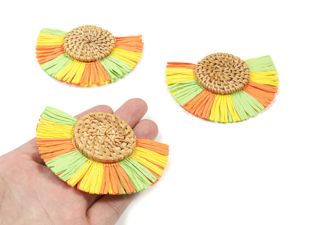 Handwoven Rattan With Raffia Tassels Earring Charms - Round Rattan Tassels - Wooden Straw Earring - 86.5x64.82x7.6mm - RT1357 - DOMEDBAZAAR