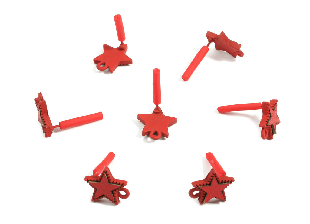 Alloy Star Stud Earring With Loop - Zinc Alloy Star Earring Post With Faux Leather - Matte Red Tone Plated - 14.57x12.22x2.32mm - ZZ1621 - DOMEDBAZAAR