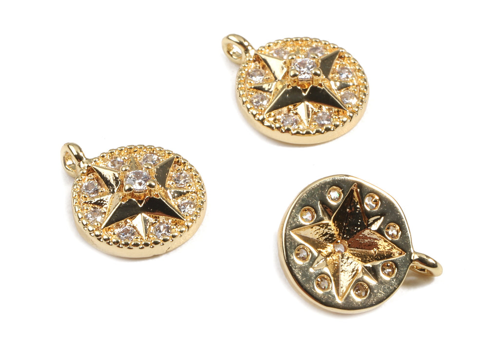 Brass Compass Earring Charms With Zircons - Brass Compass Necklace and Pendant - 18K Real Gold Plated Brass - 11.27x8.87x3.34mm - RGP2455 - DOMEDBAZAAR