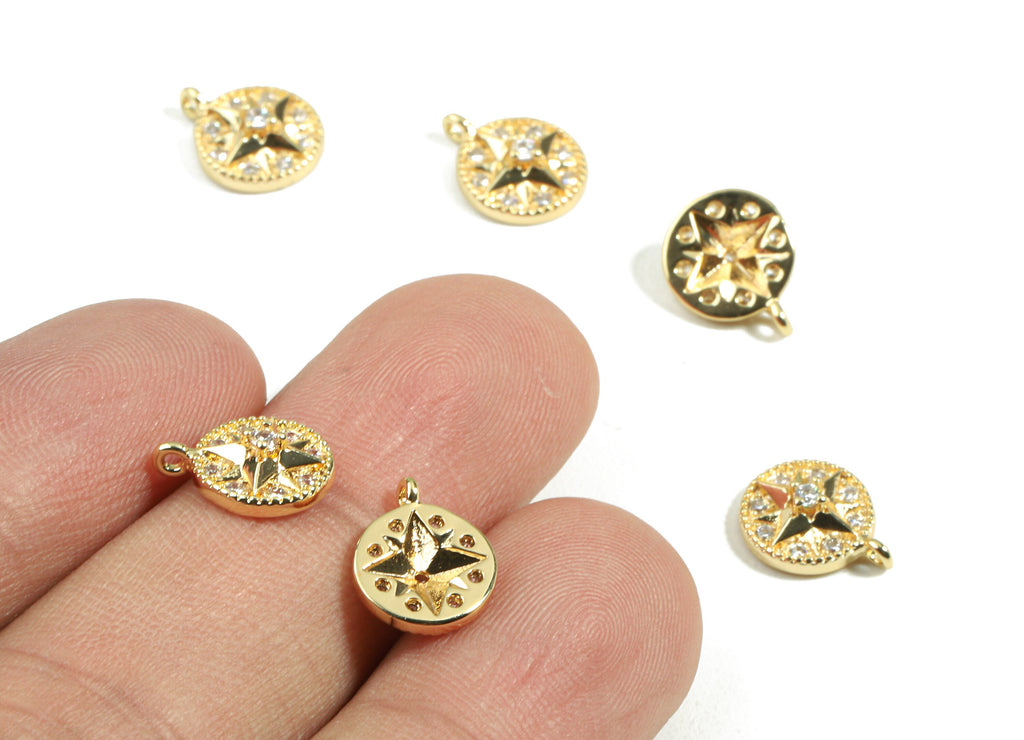 Brass Compass Earring Charms With Zircons - Brass Compass Necklace and Pendant - 18K Real Gold Plated Brass - 11.27x8.87x3.34mm - RGP2455 - DOMEDBAZAAR