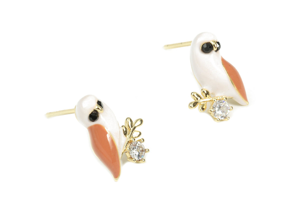 Brass Enamel Hoot Owl Earrings Own On Branch - Gold Owl Stud Earring With Zircon - 18K Real Gold Plated Brass - 14.73x10.9x3.49mm - RGP2613 - DOMEDBAZAAR