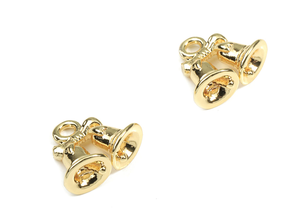 Brass Double Hand Bell Earring Charms - Gold Brass Bell Pendant - 18K Real Gold Plated Brass - Jewelry Supplies - 10.91x12.49mm - RGP2619 - DOMEDBAZAAR