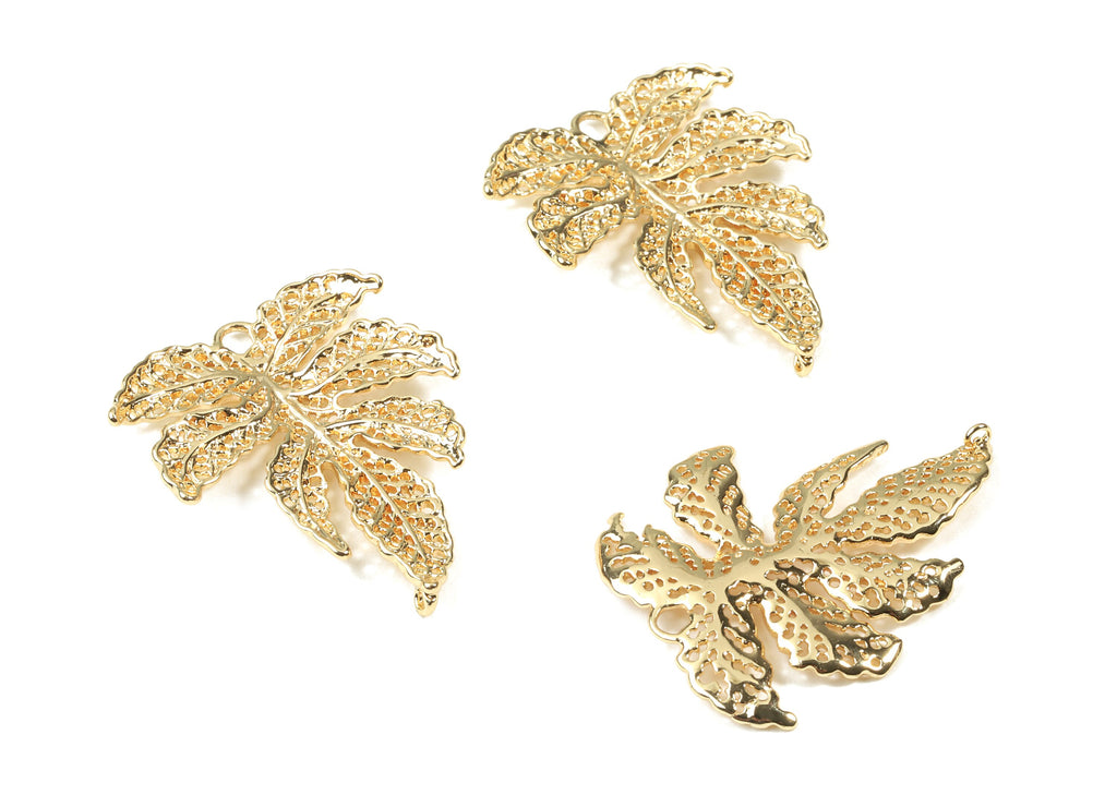 Brass Leaf Earring Charms - Gold Leaf Pendant - 18K Real Gold Plated Brass - Jewelry Supplies - 33.57x26.16x2.29mm - RGP2522 - DOMEDBAZAAR