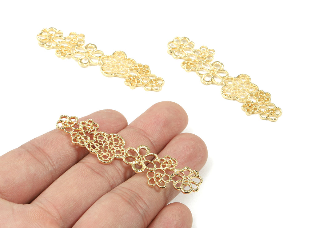 Brass Long Flowers Hair Clip Charms - Gold Flowers Connectors  - 18K Real Gold Plated Brass - Jewelry Supplies - 61.34x17.77x1.6mm - RGP2478 - DOMEDBAZAAR