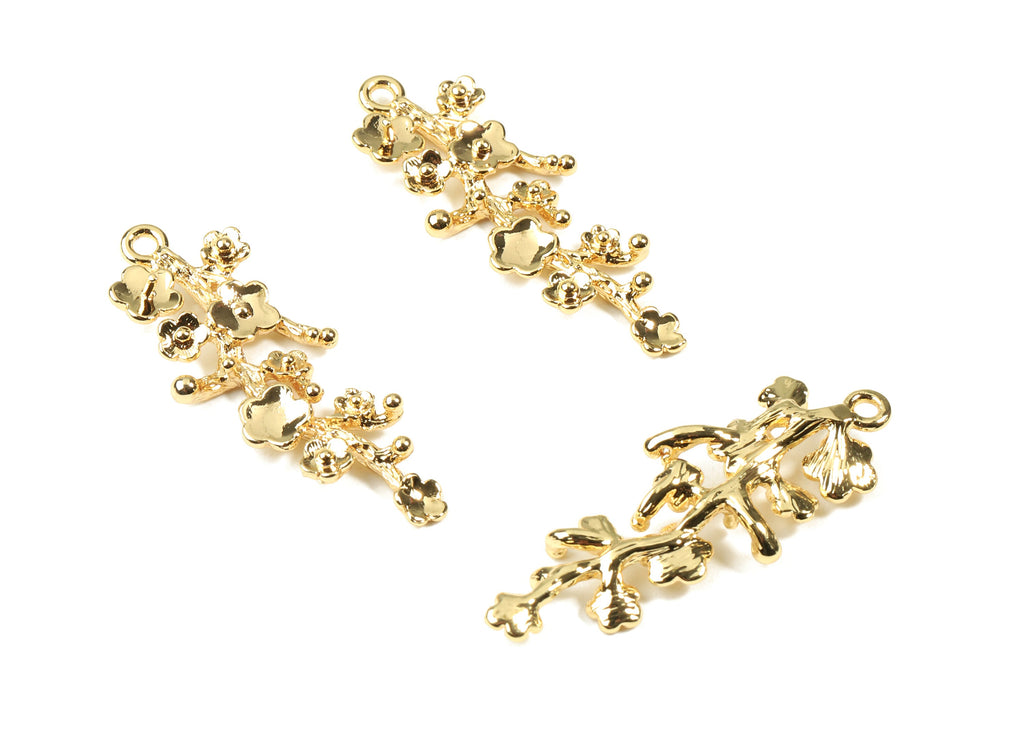 Brass Flower Earring Charms - Gold Flower Tree Pendant - 18K Real Gold Plated Brass - Jewelry Supplies - 38.98x15.25x3.85mm - RGP2482 - DOMEDBAZAAR