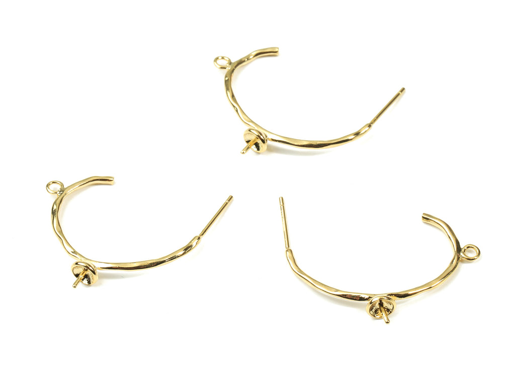 Brass Wire C Earring Stud For Pearl - Gold C Earring Post White Loop - 18K Real Gold Plated Brass - 31.13x6.66x1.49mm - RGP2584 - DOMEDBAZAAR