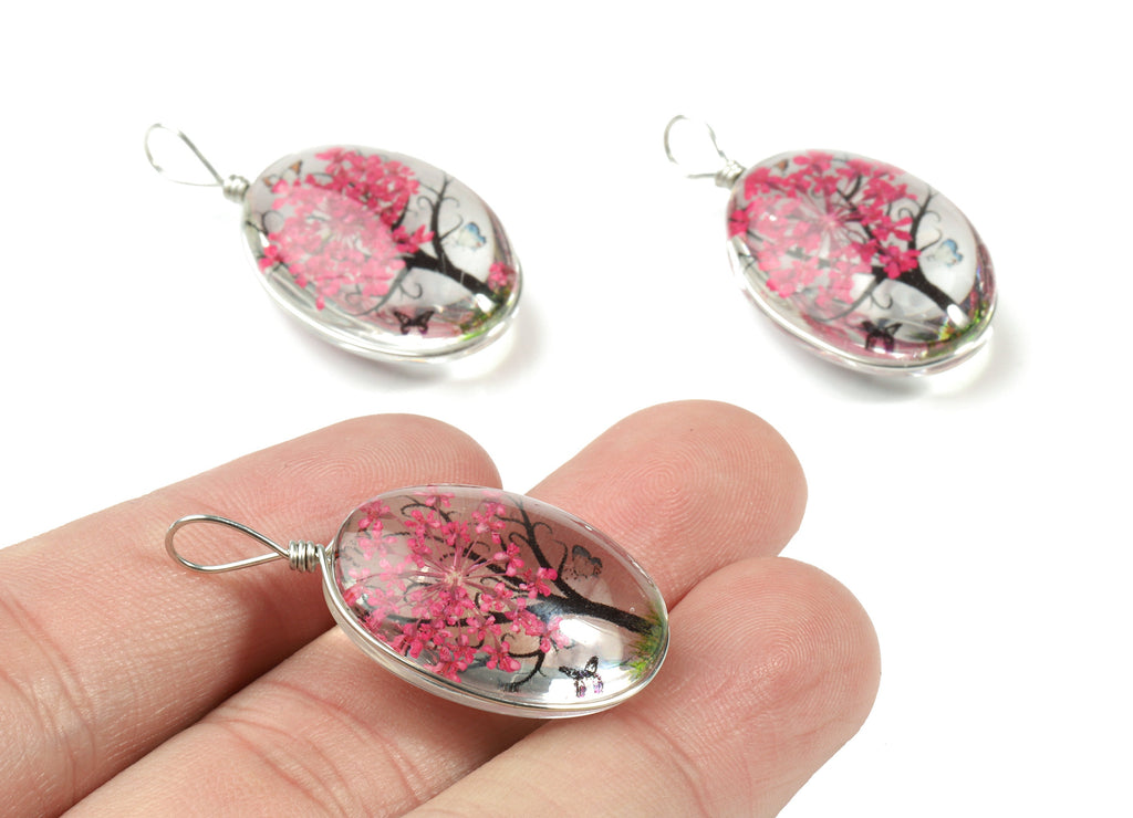 Real Flower Tree Pendant - Pressed Fushia Flower in Oval Glass - Handmade Pressed Natural Flower Jewelry - 36.74x18.55x10.53mm - GS1034A - DOMEDBAZAAR