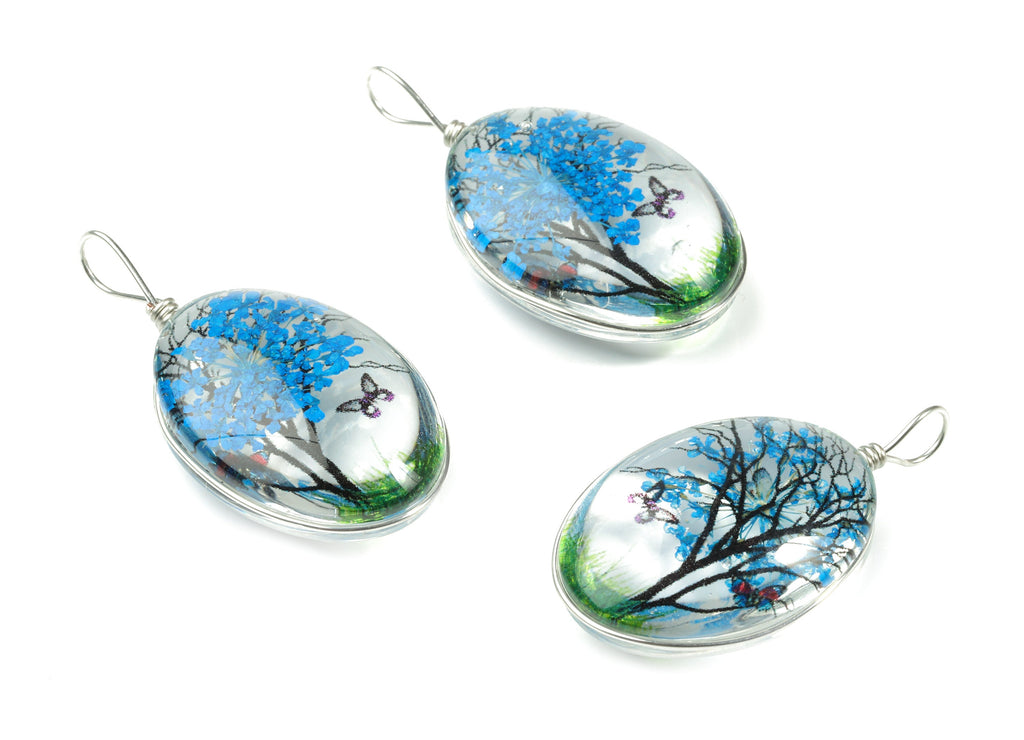 Real Flower Tree Pendant - Pressed Blue Flower in Oval Glass - Handmade Pressed Natural Flower Jewelry - 36.74x18.55x10.53mm - GS1034B - DOMEDBAZAAR
