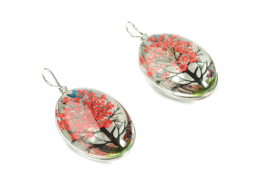 Real Flower Tree Pendant - Pressed Red Flower in Oval Glass - Handmade Pressed Natural Flower Jewelry - 36.74x18.55x10.53mm - GS1034C - DOMEDBAZAAR