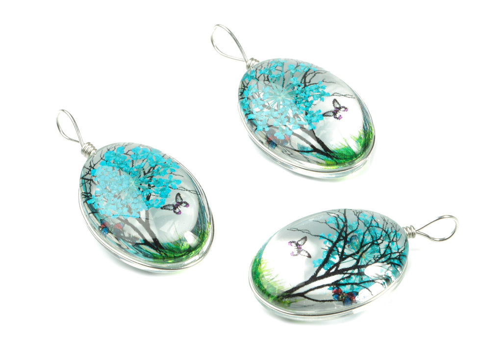 Real Flower Tree Pendant - Pressed Blue Flower in Oval Glass - Handmade Pressed Natural Flower Jewelry - 36.74x18.55x10.53mm - GS1034E - DOMEDBAZAAR