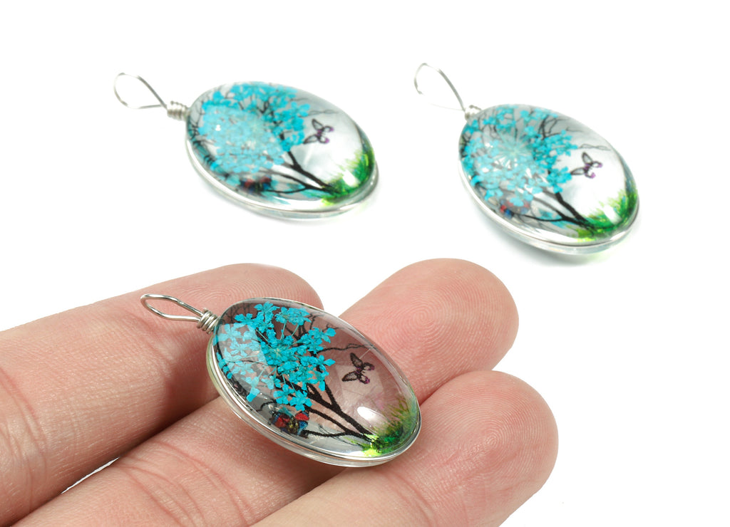 Real Flower Tree Pendant - Pressed Blue Flower in Oval Glass - Handmade Pressed Natural Flower Jewelry - 36.74x18.55x10.53mm - GS1034E - DOMEDBAZAAR