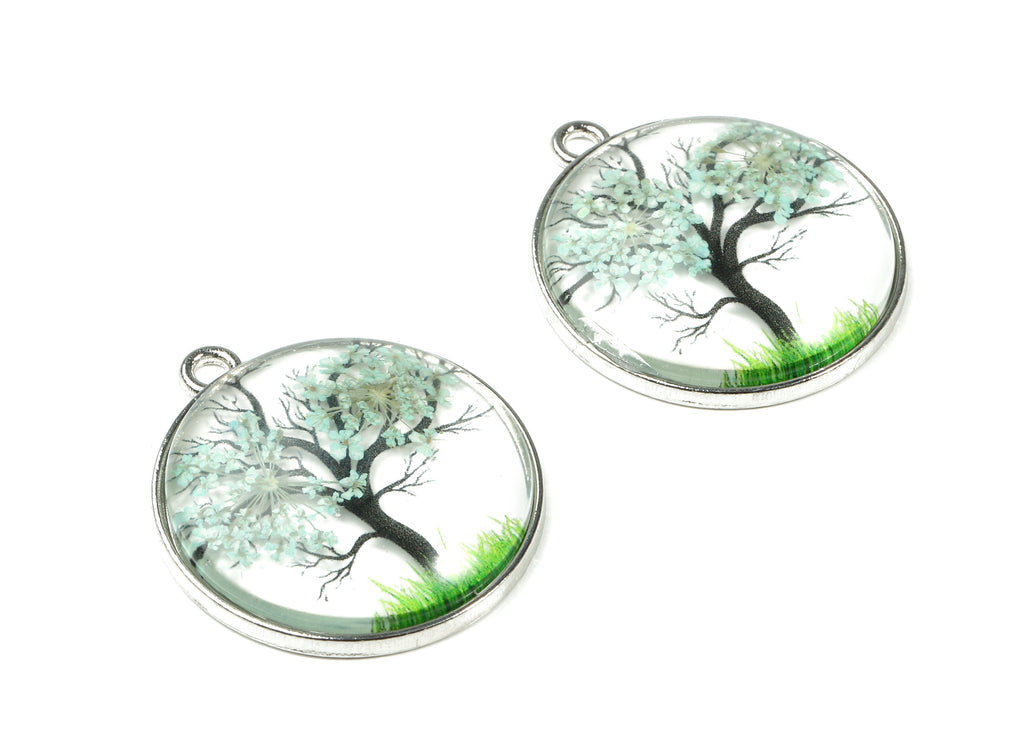 Real Flower Tree Pendant - Pressed Blue Flower in Round Glass - Handmade Pressed Natural Flower Jewelry - 36.38x32.14x7.14mm - GS1035 - DOMEDBAZAAR