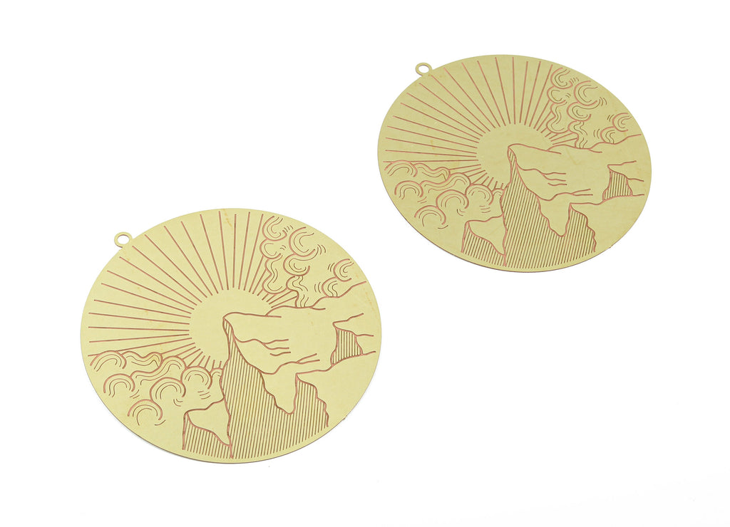 Brass Clouds Sun Earring Charms - Raw Brass Mountain Sun Pendant - Earring Findings - Jewelry Supplies - 63.3x59.9x0.3mm - JJD2066 - DOMEDBAZAAR