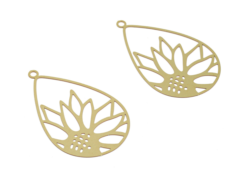 Brass Sun Flower Earring Charms - Raw Brass Drop Necklace Pendant - Earring Findings - Jewelry Supplies - 47.43x29.75x0.3mm - JJB5866 - DOMEDBAZAAR