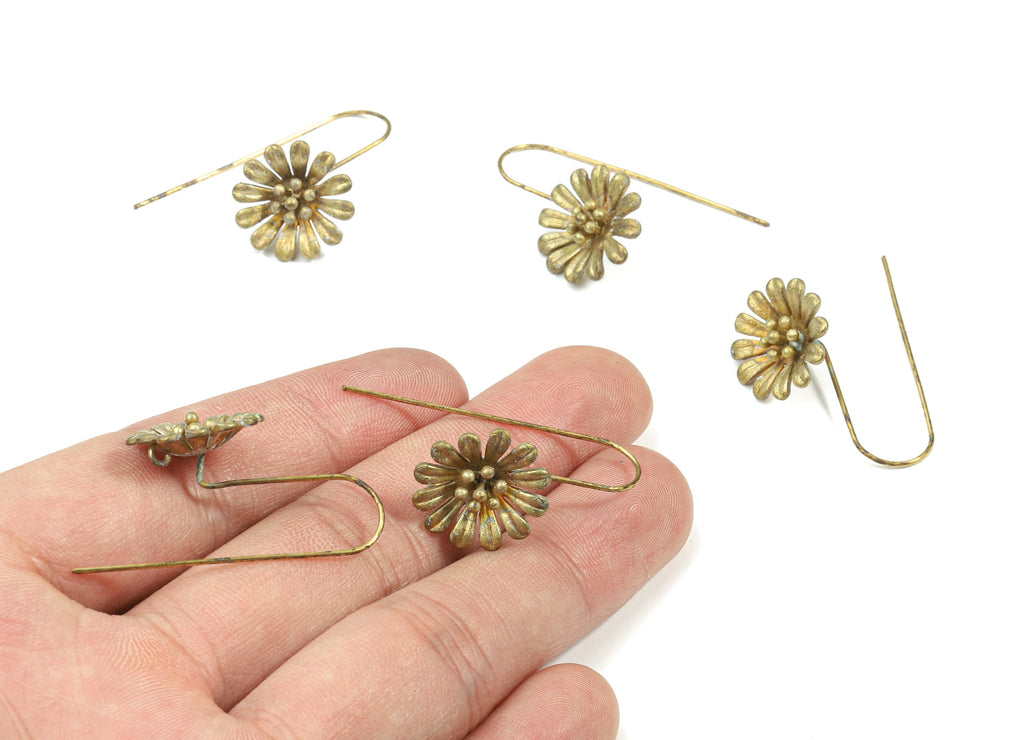 Brass Flower Earring Hook With Loop - Raw Brass Flower Earring Wires - Earring Findings - Jewellery Supplies - 28.55x16.53x1.18mm - PP3245 - DOMEDBAZAAR