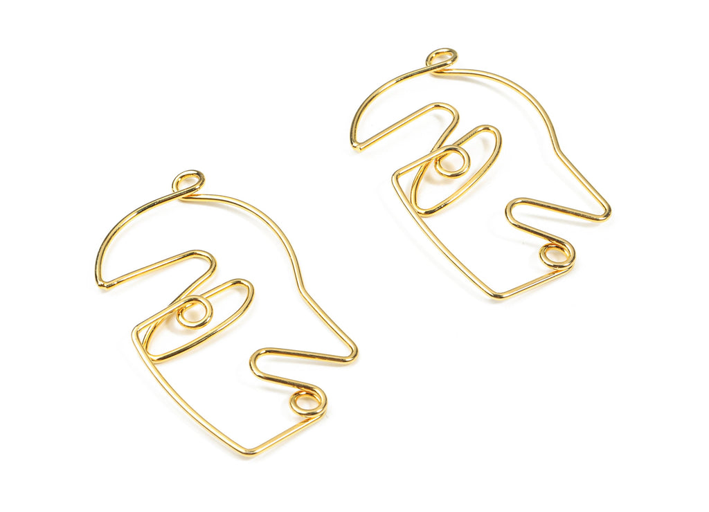 Brass Face Wire Pendant - Brass Wire Man Face Earring Charms - 18K Real Gold Plating Brass - Jewelry Supplies - 51.25x32.61x3.14mm - RGP2599 - DOMEDBAZAAR