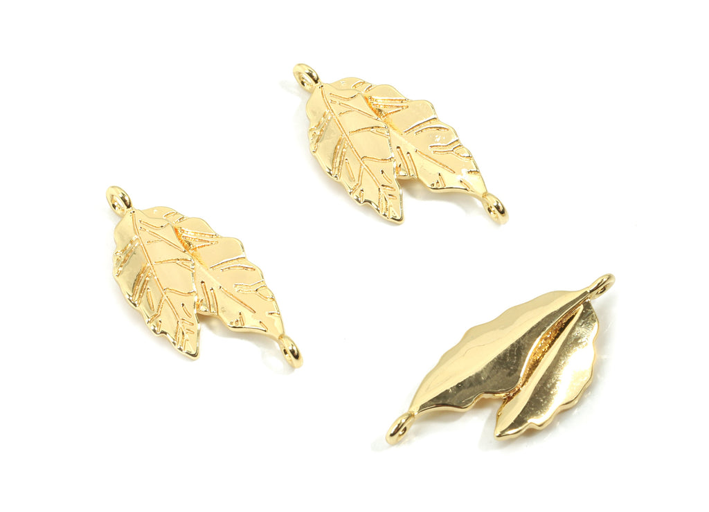 Brass Leafs Earring Charms - Gold  Double Leaf Pendant - 18K Real Gold Plated Brass - Jewelry Supplies - 22.37x10.22x2.57mm - RGP2602 - DOMEDBAZAAR