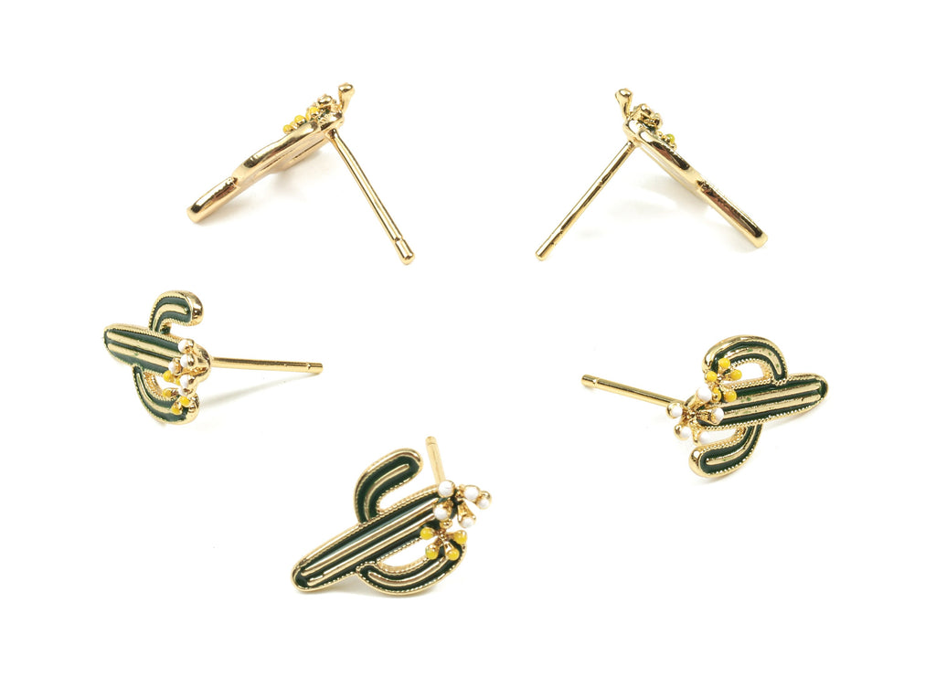 Brass Cactus Earring Post - Gold Cactus Stud Earring - Enamel Cactus Earring Stud - 18K Real Gold Plated Brass - 15.75x9.97x3.25mm - RGP2611 - DOMEDBAZAAR