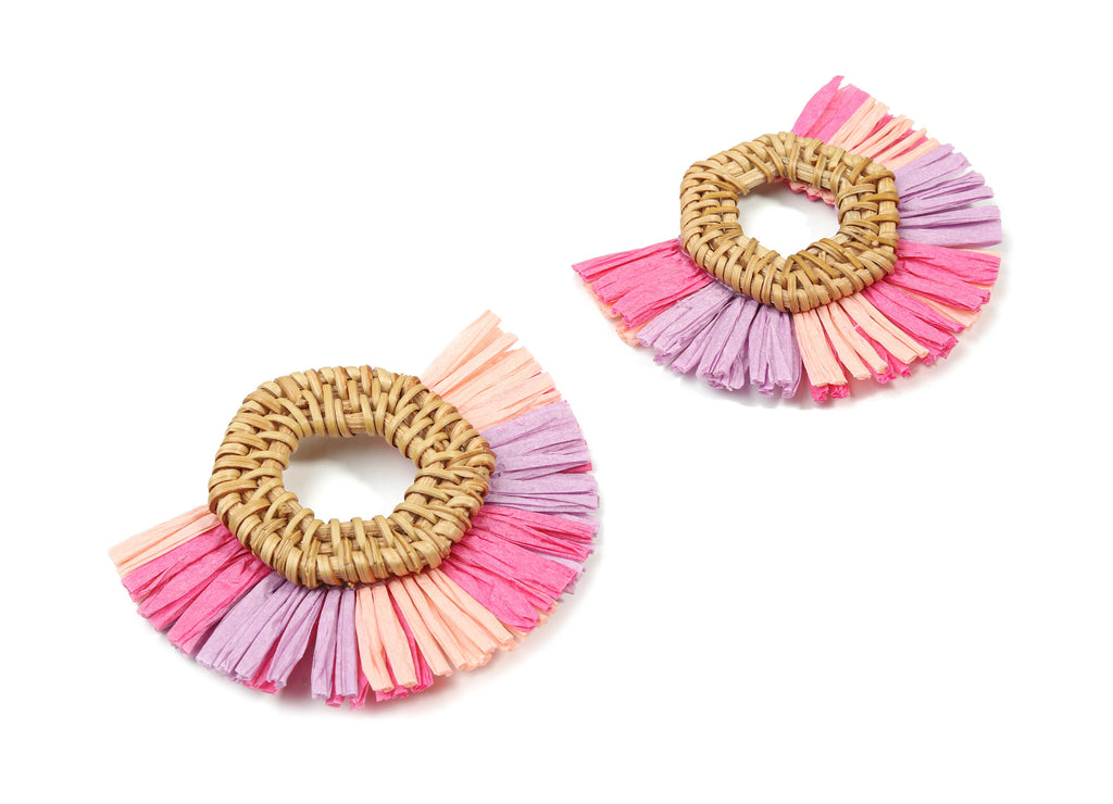Handwoven Rattan With Raffia Tassels Earring Charms - Hexagon Rattan Tassels - Wooden Straw Earring - 78.27x61.88x8.34mm - RT1354 - DOMEDBAZAAR