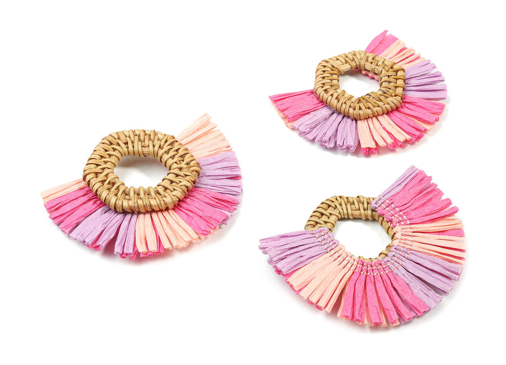Handwoven Rattan With Raffia Tassels Earring Charms - Hexagon Rattan Tassels - Wooden Straw Earring - 78.27x61.88x8.34mm - RT1354 - DOMEDBAZAAR