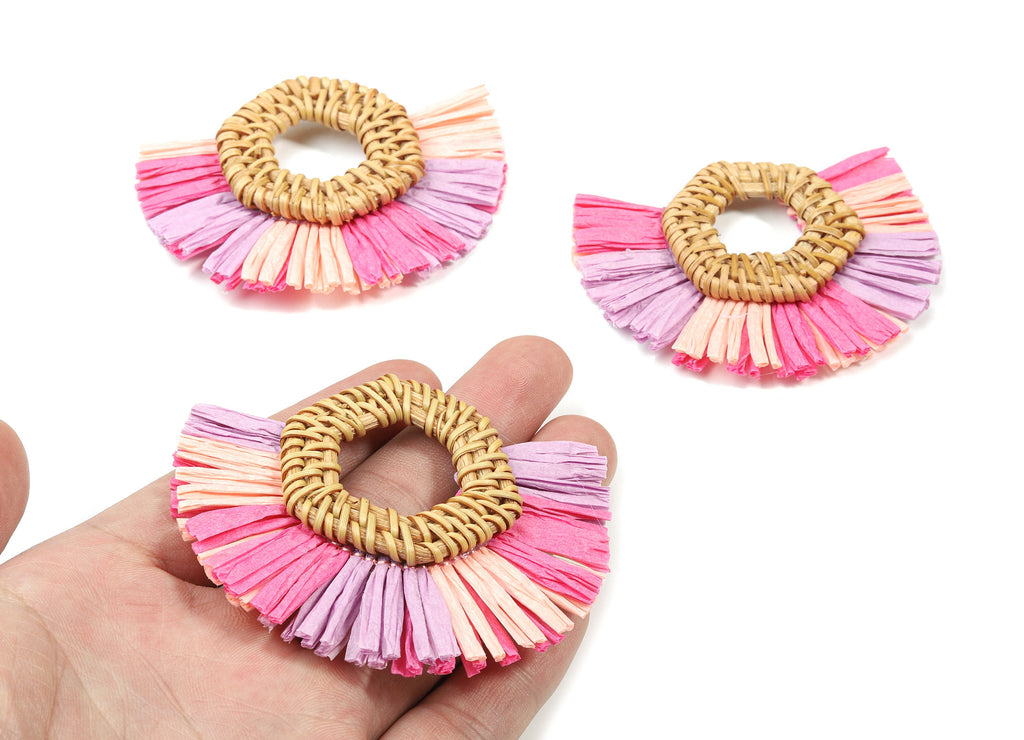 Handwoven Rattan With Raffia Tassels Earring Charms - Hexagon Rattan Tassels - Wooden Straw Earring - 78.27x61.88x8.34mm - RT1354 - DOMEDBAZAAR
