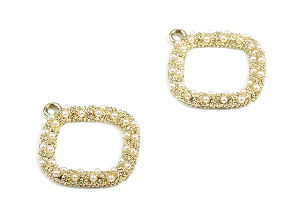 Alloy Square Pendant With Peals - Zinc Alloy Square Earring Charms - Gold Tone Plated - Jewelry Supplies - 26.49x23.29x2.79mm - ZZ1594 - DOMEDBAZAAR