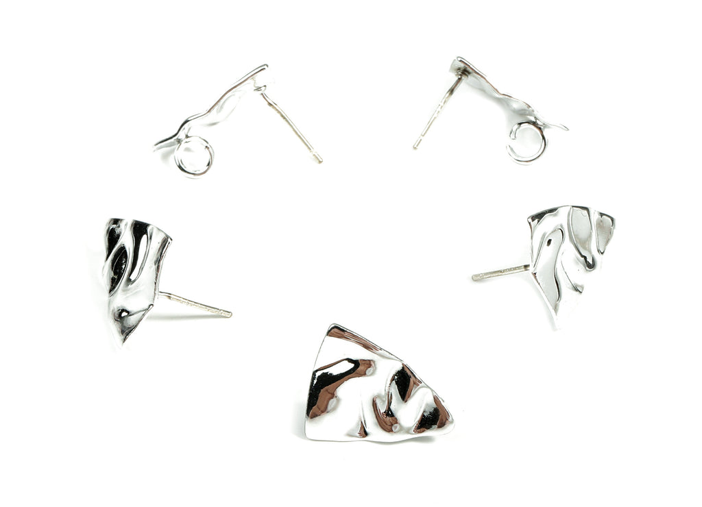 Alloy Triangle Stud Earring With Loop - Zinc Alloy Triangle Wavy Earring Post - Silver Stud - Silver Tone Plated - 16.94x14.5x1.5mm - ZZ1603 - DOMEDBAZAAR