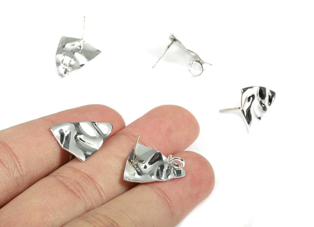 Alloy Triangle Stud Earring With Loop - Zinc Alloy Triangle Wavy Earring Post - Silver Stud - Silver Tone Plated - 16.94x14.5x1.5mm - ZZ1603 - DOMEDBAZAAR