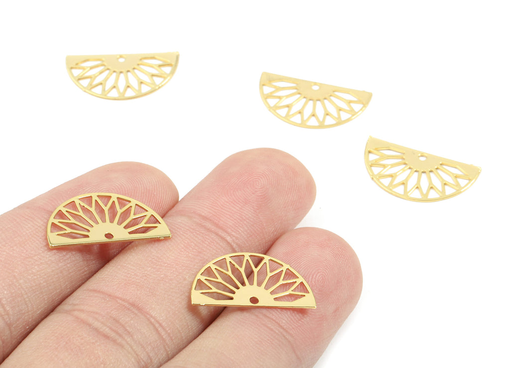 Brass Fan Earring Charms - Gold Semi Circle Pendant - 18K Real Gold Plated Brass - Jewelry Supplies - 19x10.3x0.3mm - RGP2614 - DOMEDBAZAAR