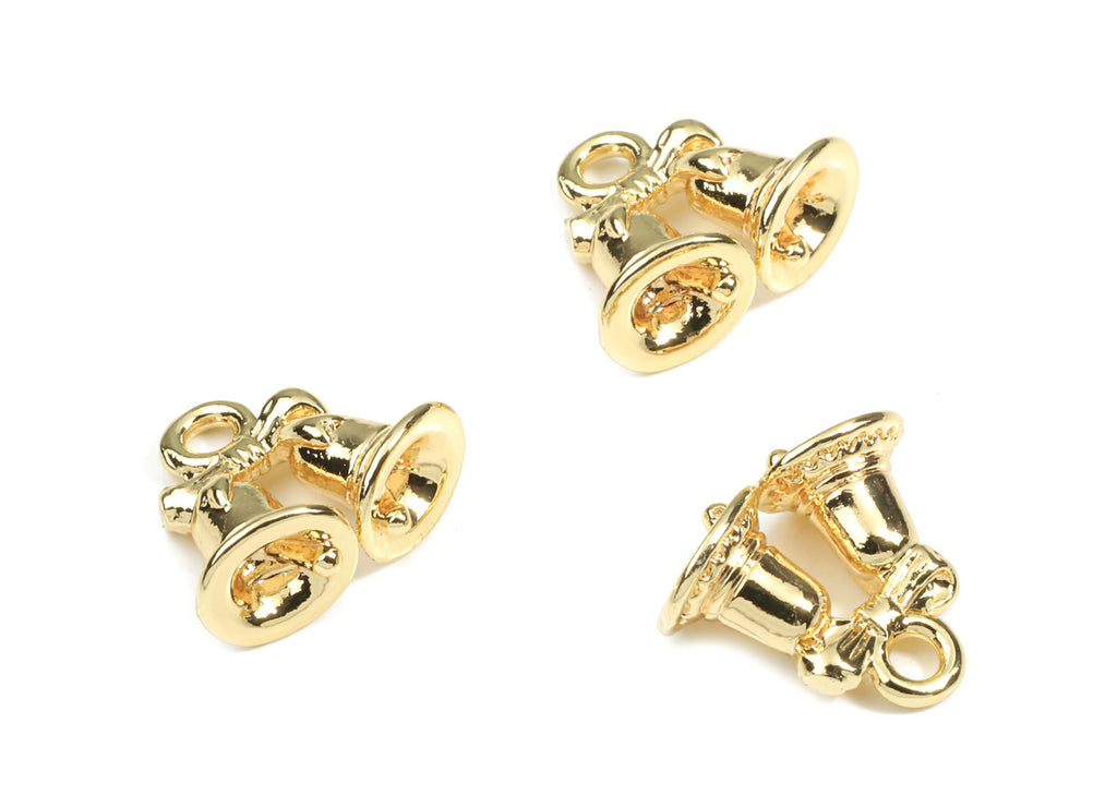 Brass Double Hand Bell Earring Charms - Gold Brass Bell Pendant - 18K Real Gold Plated Brass - Jewelry Supplies - 10.91x12.49mm - RGP2619 - DOMEDBAZAAR