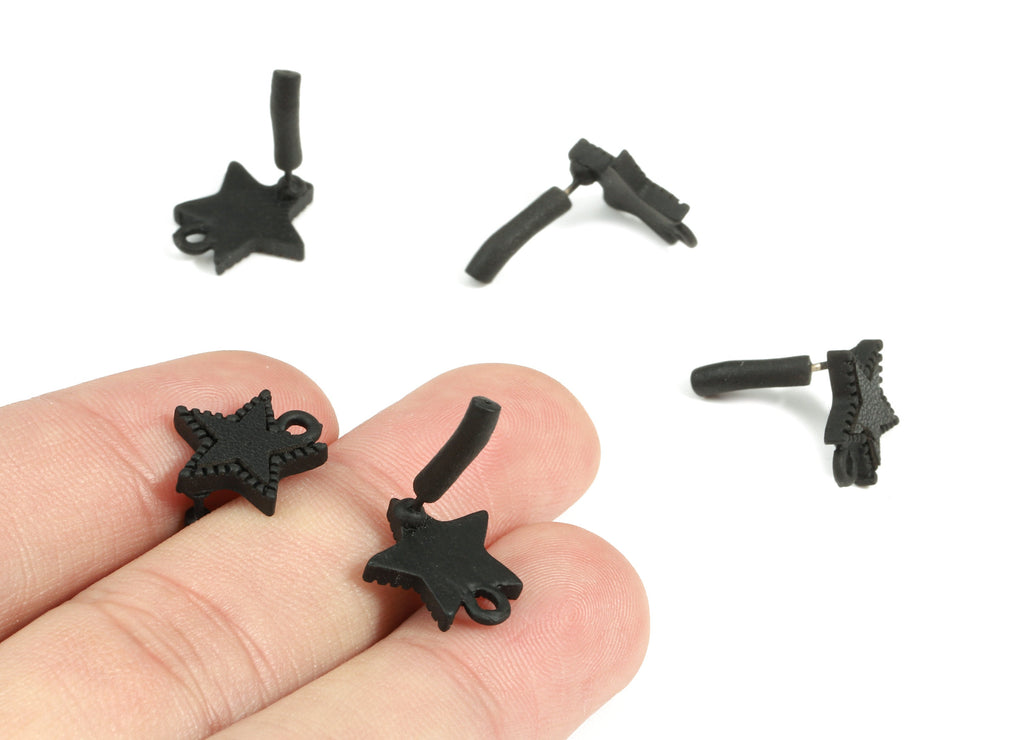 Alloy Star Stud Earring With Loop - Zinc Alloy Star Earring Post With Faux Leather - Matte Black Tone Plated - 14.57x12.22x2.3mm - ZZ1622 - DOMEDBAZAAR