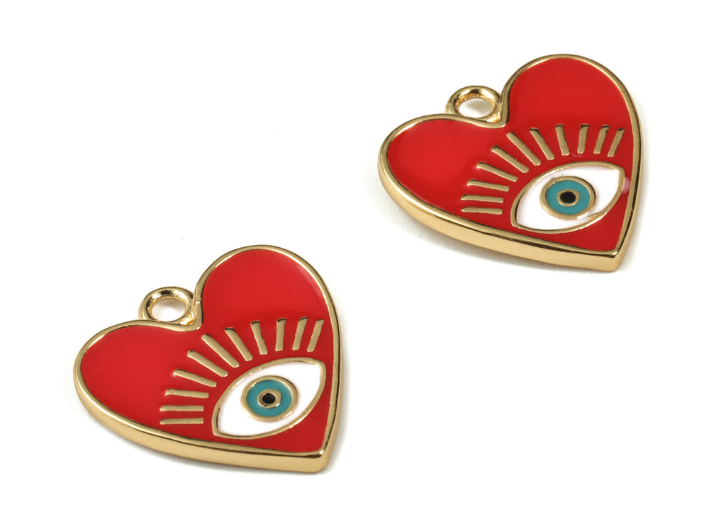 Gold Brass Red Heart Enamel  Eye Earring Charms - 18K Real Gold Plated Eye Pendant - Jewelry Supplies - 16.88x16.13x1.64mm - RGP2662 - DOMEDBAZAAR