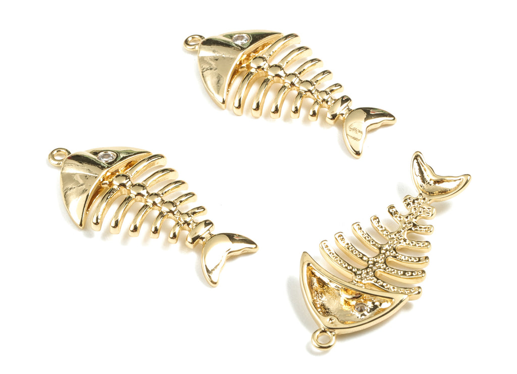 Brass Fish Bone Earring Charms - Gold  Fish Bone Pendant - 18K Real Gold Plated Brass - Jewelry Supplies - 26.64x13.22x2.9mm - RGP2669 - DOMEDBAZAAR