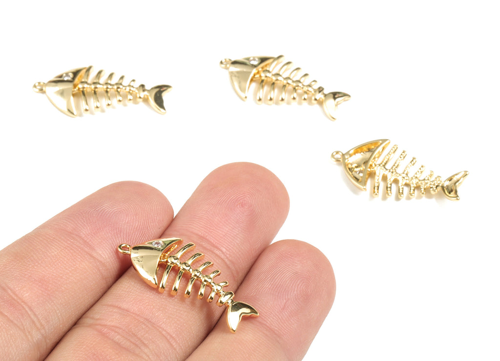 Brass Fish Bone Earring Charms - Gold  Fish Bone Pendant - 18K Real Gold Plated Brass - Jewelry Supplies - 26.64x13.22x2.9mm - RGP2669 - DOMEDBAZAAR