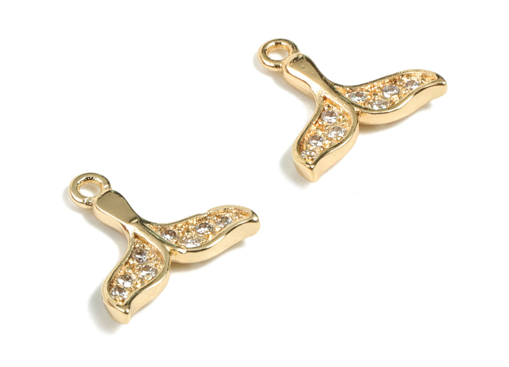 Gold Whale Tail Earring Charms - 18K Real Gold Plated Brass Whale Tail Charm With Zircons - Jewelry Supplies - 11.7x11.67x2.12mm - RGP2704 - DOMEDBAZAAR