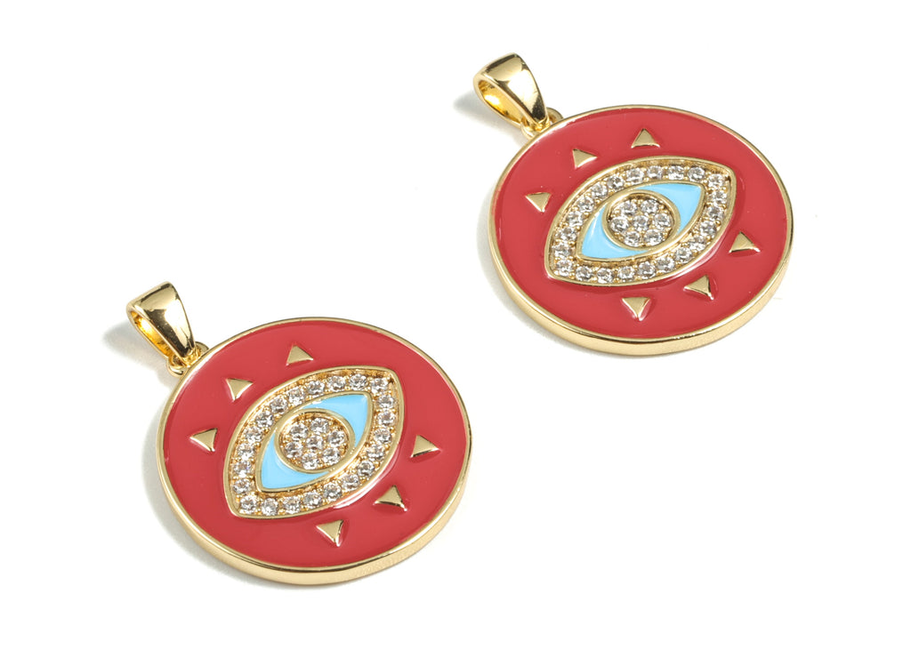 Brass Eye Earring Charms - 18k Real Gold Plated Round Pendant - Enamel Zircon Charm - Jewelry Supplies - 26.52x20.02x1.82mm - RGP2666 - DOMEDBAZAAR