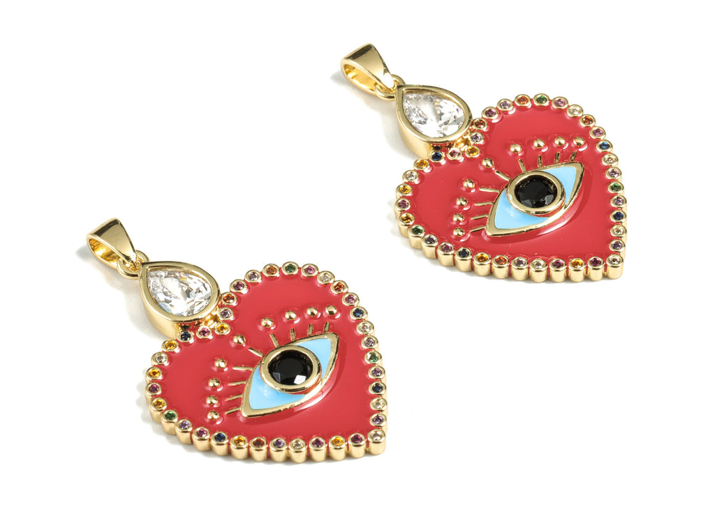 Brass Heart Eye Earring Charms - 18k Real Gold Plated Heart Eye Pendant - Enamel Zircon Charm - 35.39x21.63x3.36mm - RGP2664 - DOMEDBAZAAR