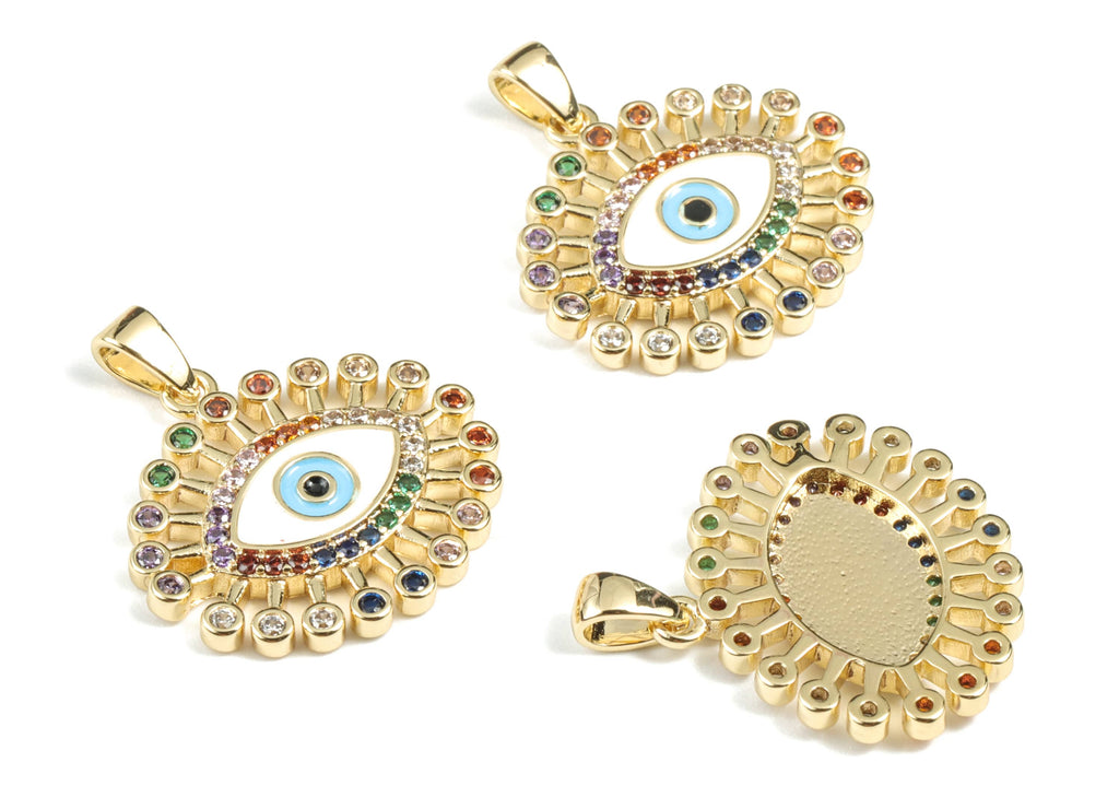 Brass Eye Earring Charms - 18k Real Gold Plated Sun Pendant - Enamel Zircon Charm - Jewelry Supplies - 23.09x22.05x2.41mm - RGP2665 - DOMEDBAZAAR