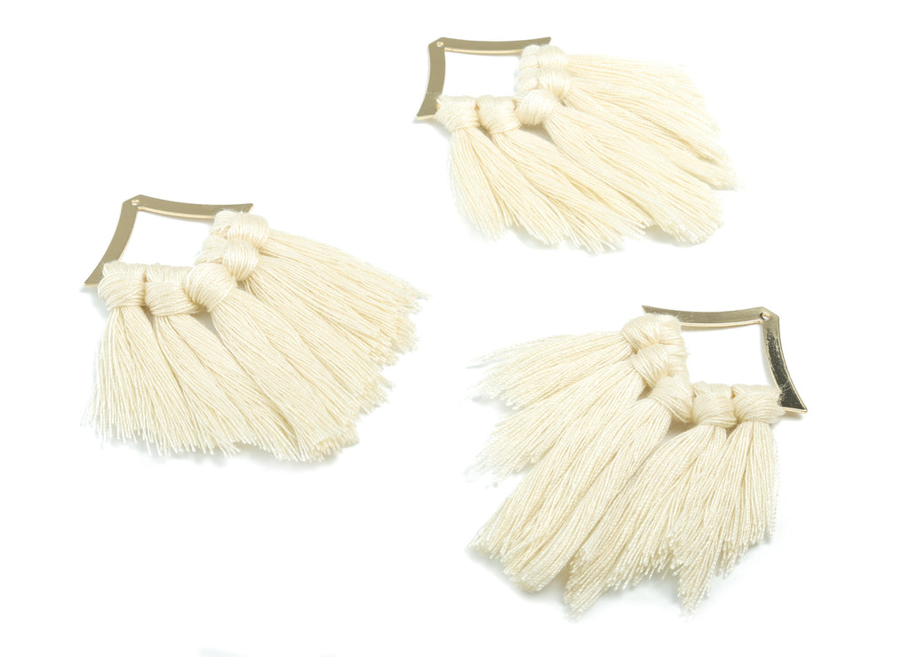 Tassel Earring Charms - Cotton Cream Tassels - Rhombus Gold Brass Earrings - Fringe Tassel - JewelrySupplies - 78.04x40.08x4.6mm - TS1153 - DOMEDBAZAAR