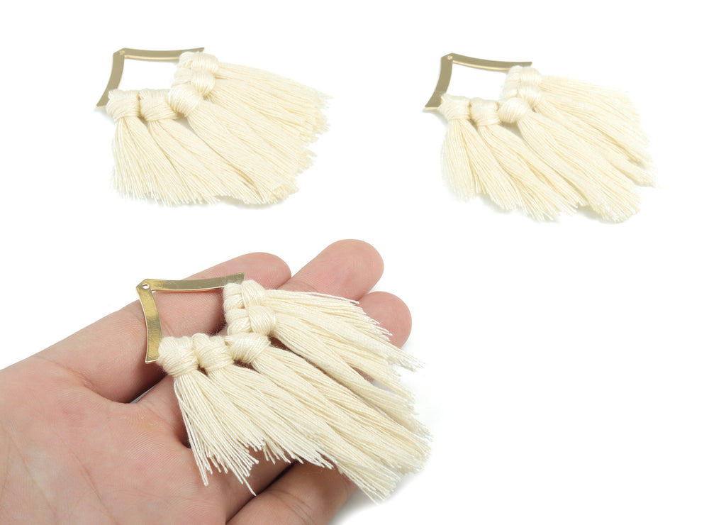 Tassel Earring Charms - Cotton Cream Tassels - Rhombus Gold Brass Earrings - Fringe Tassel - JewelrySupplies - 78.04x40.08x4.6mm - TS1153 - DOMEDBAZAAR