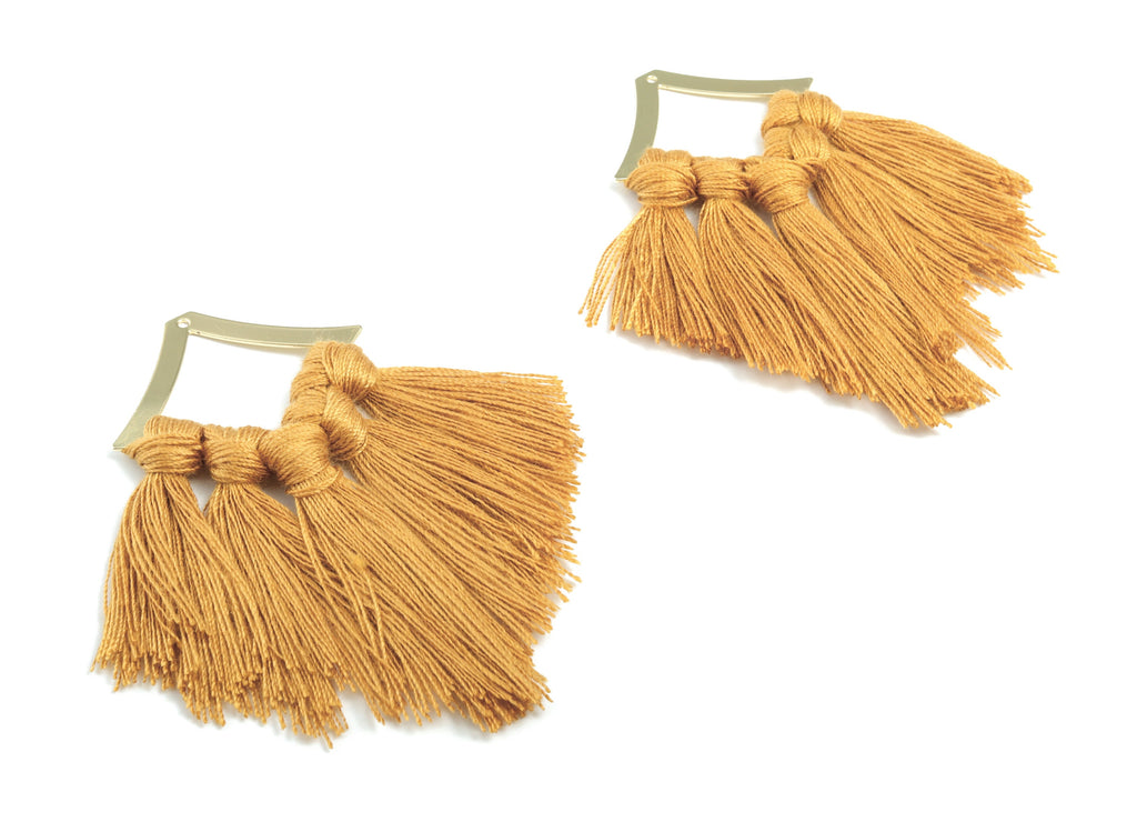 Tassel Earring Charms - Cotton Brown Tassels - Rhombus Gold Brass Earrings - Fringe Tassel - JewelrySupplies - 85.42x40.41x4.56mm - TS1159 - DOMEDBAZAAR