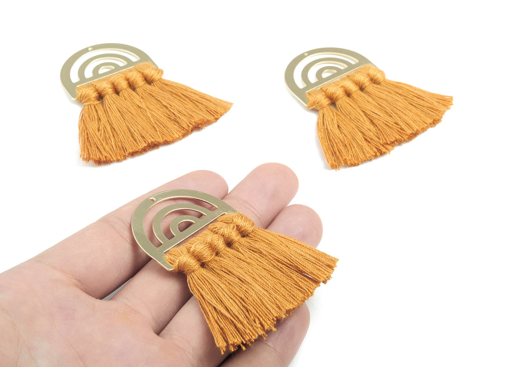 Tassel Earring Charms - Cotton Brown Tassels - D Gold Brass Earrings - Fringe Tassel - JewelrySupplies - 58.56x35.08x5.29mm - TS1160 - DOMEDBAZAAR