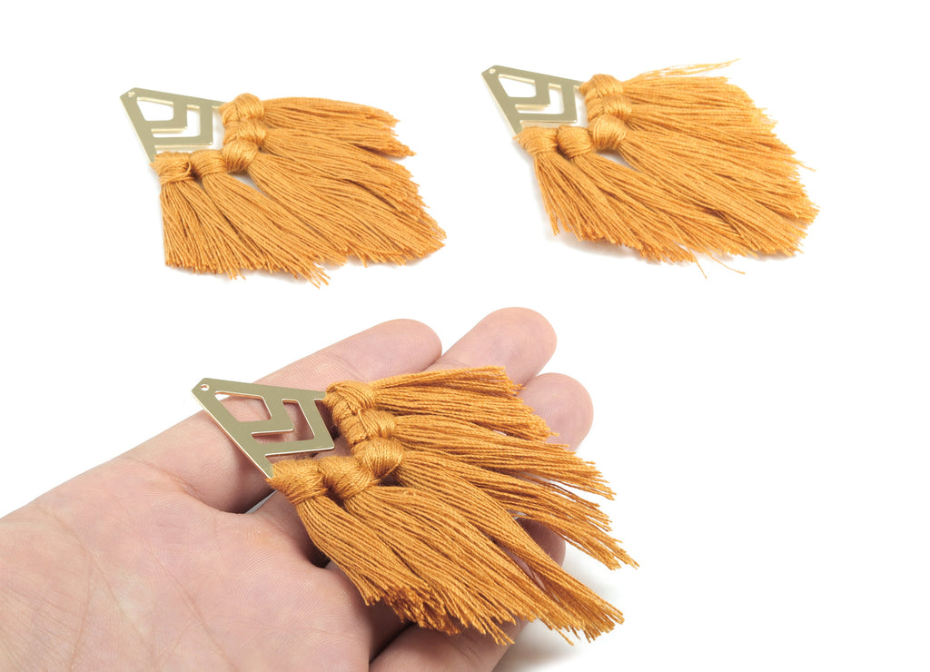 Tassel Earring Charms - Cotton Brown Tassels - Diamond Gold Brass Earrings - Fringe Tassel - JewelrySupplies - 80.1x28.94x5.92mm - TS1161 - DOMEDBAZAAR